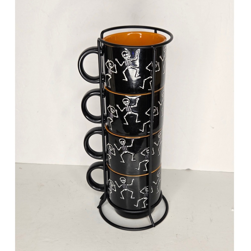 Dancing Skeletons Stacked Black Mugs Set of 4 with Metal Rack Halloween